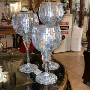 Mosaic Stained Glass Candle Holder Set Of 3 Long Stemmed Amber & Multicolor